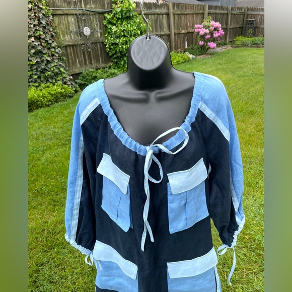 March 11 Eleven women’s 100% linen dress‎ LARGE patchwork blue peasant lagenlook - Picture 3 of 16